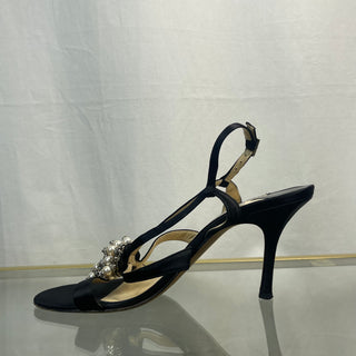 JIMMY CHOO Crystal Pearl Black Satin Heels SZ 40