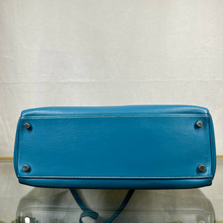 HERMES Kelly 32 Blue Jean Swift Satchel Bag