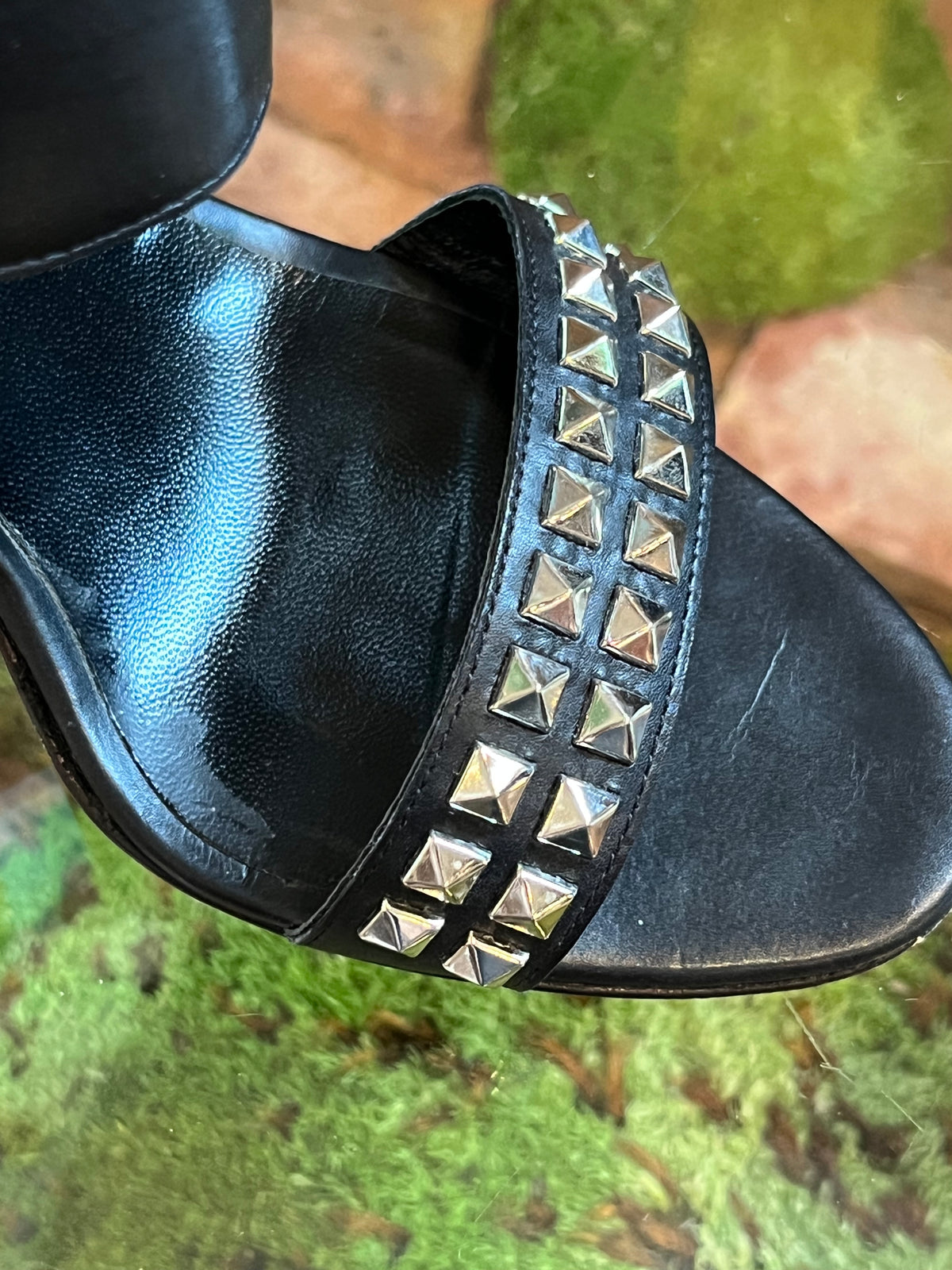 MANOLO BLAHNIK Black Leather Koyru Studded Ankle Wrap Sandals Heels SZ36