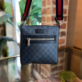 GUCCI Small Flat Messenger Black Grey GG Supreme Monogram Web Crossbody