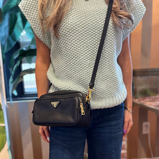 PRADA Double Zip Black Saffiano Leather Camera Bag