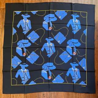 CHANEL Mademoiselle Chain Blue Black Silk Vintage Scarf