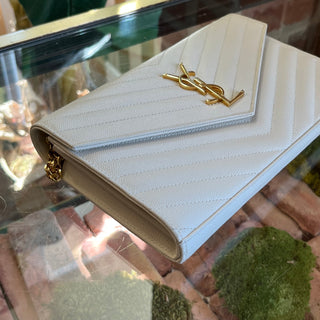 SAINT LAURENT Classic Cassandre Chain White Grain De Poudre Leather Crossbody