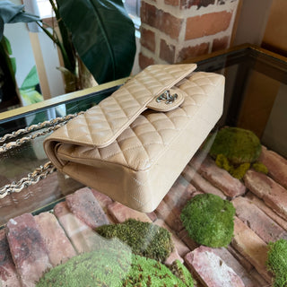 CHANEL Double Flap Classic Medium Beige Caviar Leather Shoulder Bag