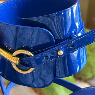 GUCCI Ursula Horsebit Blue Patent Leather Ankle Strap Heels SZ 37 (US 7)