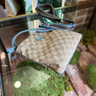 GUCCI Small Beige Blue GG Canvas Web Strap Zip Messenger Crossbody Bag