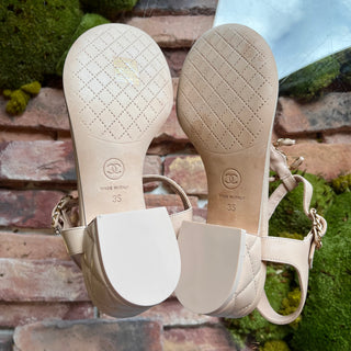 CHANEL Quilted CC Beige Lambskin Leather Sandals SZ 35 (US 5)