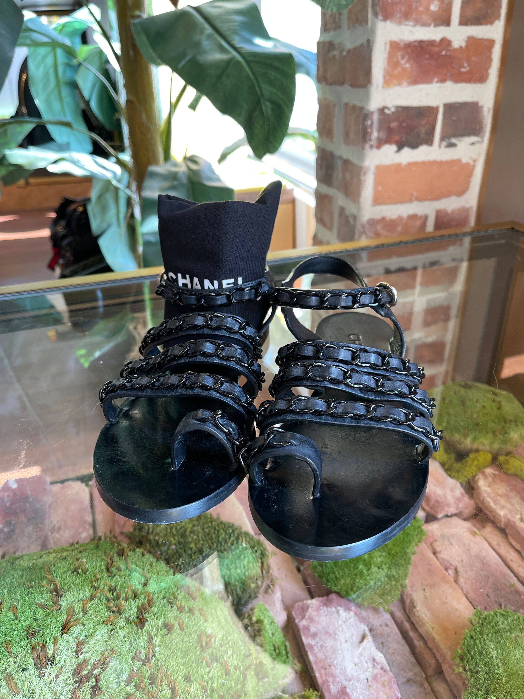 Chanel black sandals chain flats