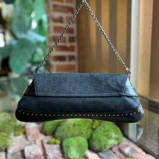 GUCCI Horsebit East-West Pochette Black GG Monogram Canvas Shoulder Bag