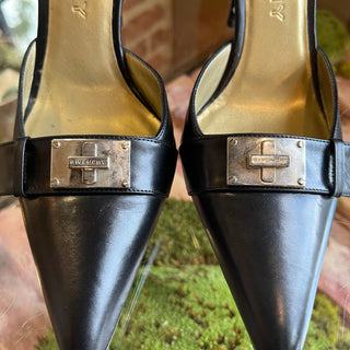 GIVENCHY Black Leather Heels with Silver Clasp SZ 39