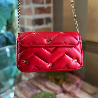 GUCCI GG Marmont Mini Red Matelassé Double G Studs Torchon Shoulder Bag