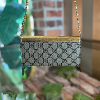 GUCCI GG Marmont Bicolor Gold Canvas Wallet on Chain