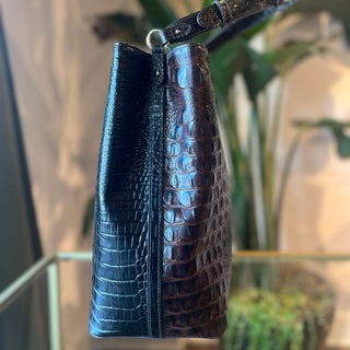 BRAHMIN Amelia Bucket Dark Brown Melbourne Croc Embossed Leather Bucket Bag