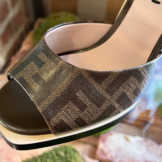 FENDI FF Brown Coated Canvas Zucca Wedges SZ 34 (US 4)