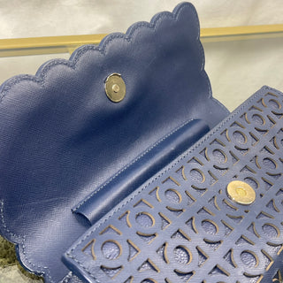 TORY BURCH Navy Blue Versus Laser Cut Scalloped Wallet On Chain