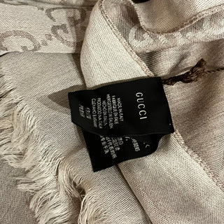 GUCCI Light Gray GG Monogram Wool & Silk Blend Fringe Shawl Scarf