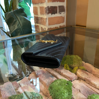 SAINT LAURENT Cassandre Black Grain De Poudre YSL Monogram Flap Wallet
