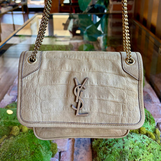 SAINT LAURENT Small Croc Nubuck Niki Shoulder Bag