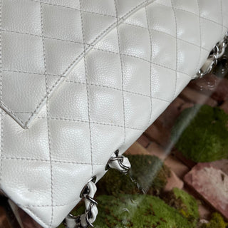 CHANEL White Caviar Jumbo Single Flap Shoulder Bag