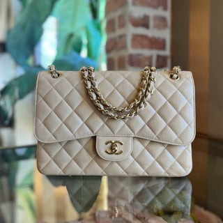 CHANEL Classic Jumbo Double Flap Beige Quilted Caviar Shoulder Bag