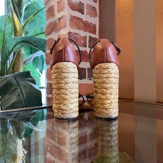 SAINT LAURENT Cassandra Brown Leather Raffia Wedges SZ 41 (US 11)