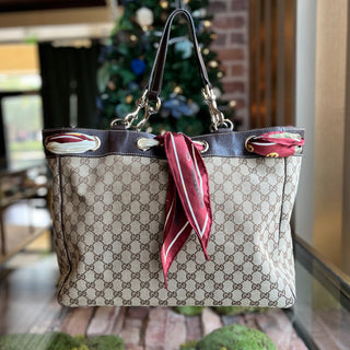 GUCCI Positano Small Beige Brown GG Canvas Leather Tote Bag