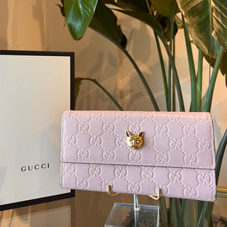 GUCCI Pink Guccissima Leather Continental Cat Head Flap Wallet