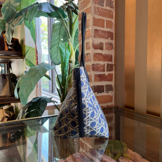 TORY BURCH Blue Basket Weave Print Nylon Tote