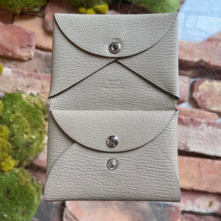 HERMES Calvi Beige Leather Card Case