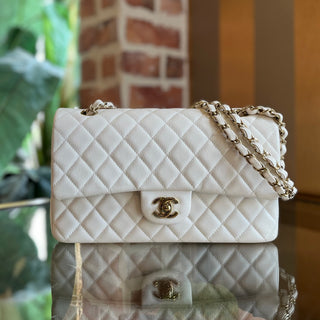 CHANEL Double Flap Medium White Caviar Leather Shoulder Bag