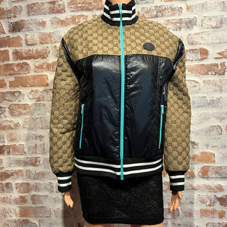 GUCCI Beige GG Monogram Canvas Black Nylon Zipper Striped Jacket SZSM