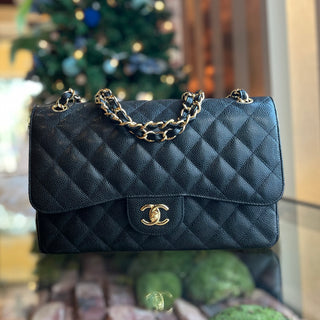 CHANEL Double Flap Jumbo Black Caviar Leather Shoulder Bag