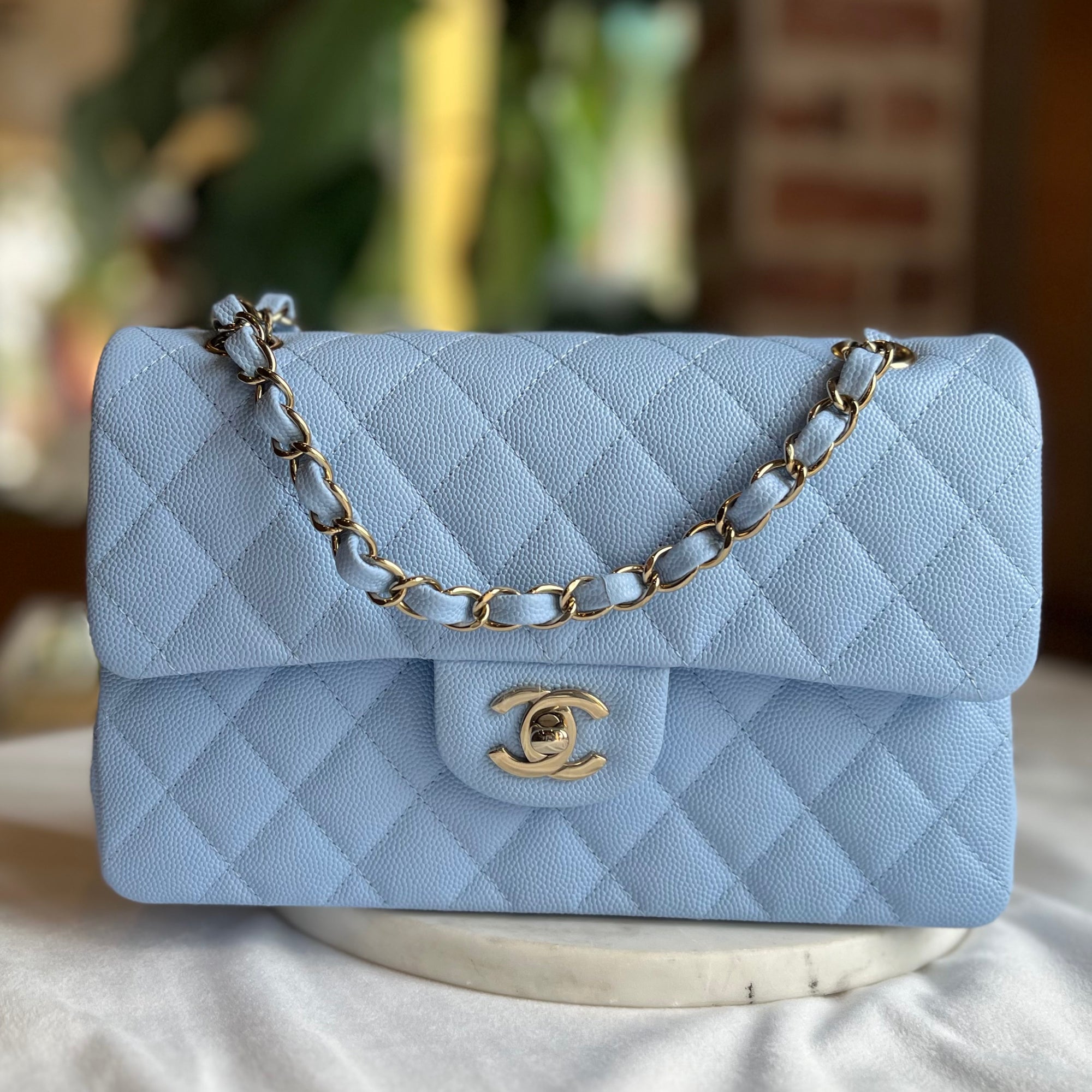 CHANEL Light Blue Caviar Quilted Small Double Flap
