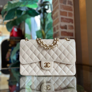 CHANEL Jumbo Double Flap Beige Caviar Quilted Leather Shoulder Bag