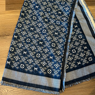 LOUIS VUITTON "Since 1854" Blue Silk/Wool Scarf