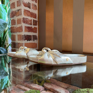 TORY BURCH Metallic Gold Leather Bow Slides SZ 8.5