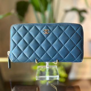CHANEL Zip Around Blue Quilted Caviar Long Wallet