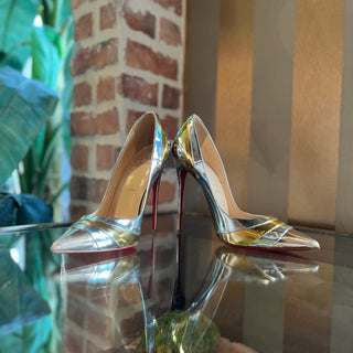 LOUBOUTIN Eklectica 85 Silver/Gold Patent Leather Pumps SZ 38.5 (US 8.5)