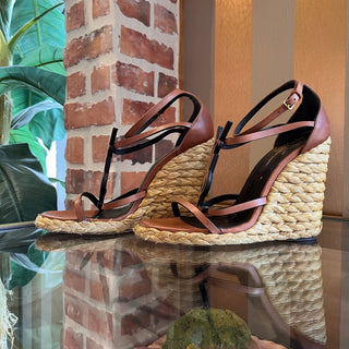 SAINT LAURENT Cassandra Brown Leather Raffia Wedges SZ 41 (US 11)