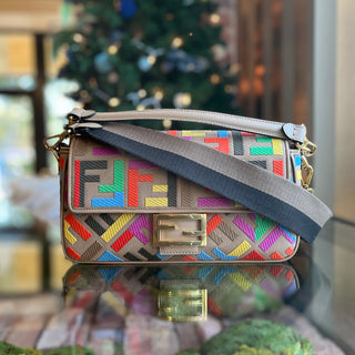 FENDI Baguette FF Embroidered Vitello Canvas Shoulder Bag