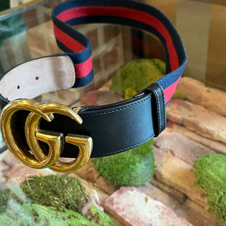GUCCI Interlocking G Navy Blue & Red Web Stripe Canvas Belt SZ80/32(4US)
