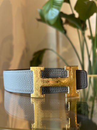 HERMES H Martelee Grey Black Reversible Mens Belt  SZ100(14/36US)