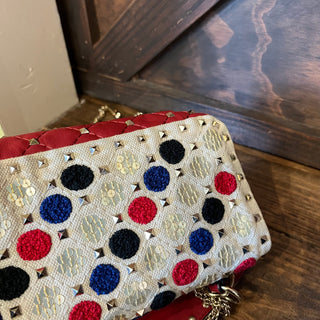 VALENTINO Embroidered Sequin Linen Canvas Rockstud Crossbody