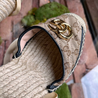 GUCCI Pilar GG Ankle Tie Espadrille Platform Wedges SZ40(10US)