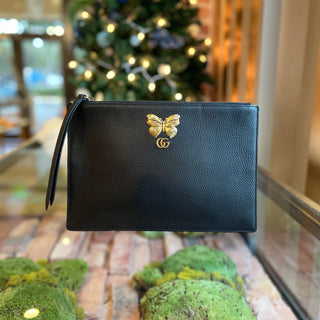 GUCCI Linea Farfella Black Pebbled Calfskin Butterfly Zip Clutch
