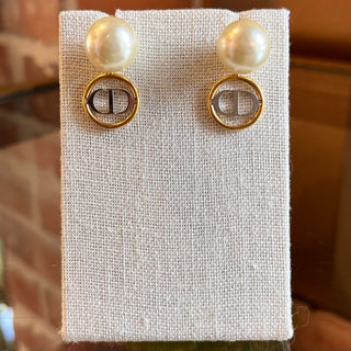 DIOR Faux Pearl Gold Toned Metal CD Earrings