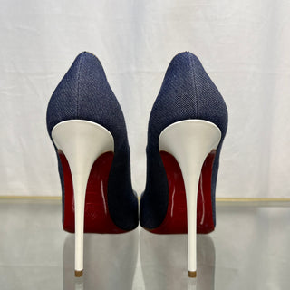 CHRISTIAN LOUBOUTIN So Kate 120 Denim/ Jazz Calf Heels SZ 37.5