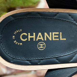 CHANEL Black Faux Pearl Wood Wedge Heels SZ 35.5