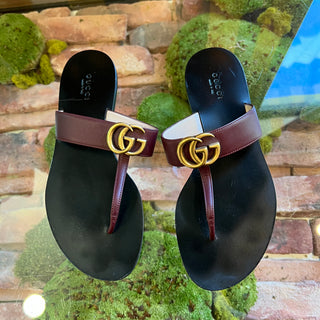 GUCCI Maroon Calfskin GG Marmont Thong Sandals 37.5(7.5US) Bordeaux