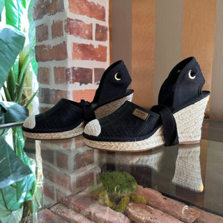 FENDI FF Black Embroidered Canvas Ankle Tie Espadrille Wedges SZ 35 (US 5)